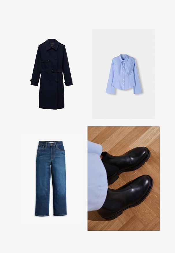 Navy blue trench coat with a double-breasted design, button details, adjustable cuffs, and a belted waist for a fitted appearance.; Blue and white striped long-sleeve button-up shirt with a spread collar, tailored fit, and curved hemline. Textured cotton material.; High-waisted blue denim wide-leg jeans with five pockets, contrast stitching, and a clean hem finish. Material is sturdy with a slightly faded wash.; Black ankle boots made of smooth leather with elastic side panels, a textured rubber sole, and contrast stitching along the edge.