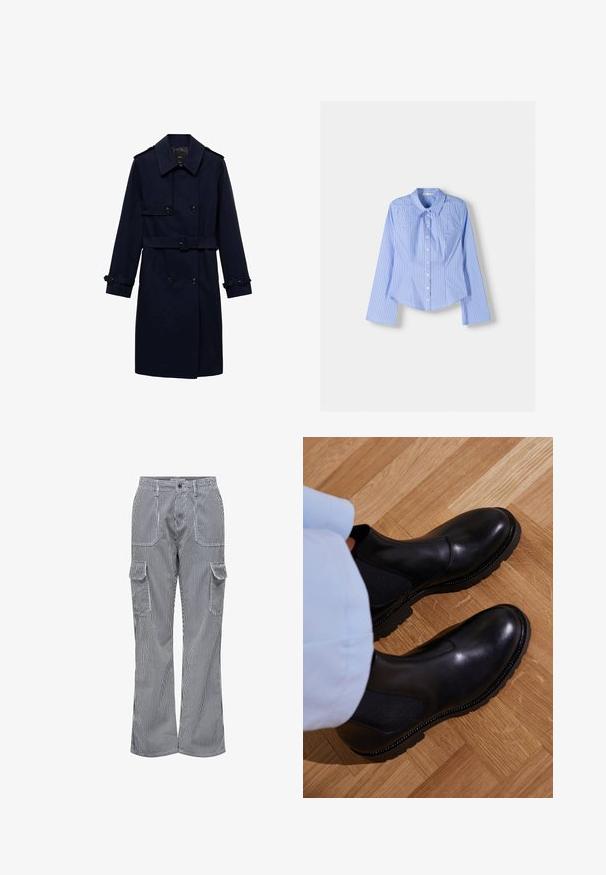 Marineblå trenchcoat med en dobbeltbrystet design, knapdetaljer, justerbare manchetter og en bælte i taljen for en tætsiddende pasform.; Blå og hvidstribet langærmet skjorte med knaplukning, spredt krave, skræddersyet pasform og buet nederste kant. Tekstureret bomuldsstof.; Bukser i bomuldsblanding med lodrette blå og hvide striber. Har to forlommer og to side cargo-lommer. Løs pasform.; Sorte ankelstøvler lavet af glat læder med elastiske sidepaneler, en tekstureret gummisål og kontraststing langs kanten.