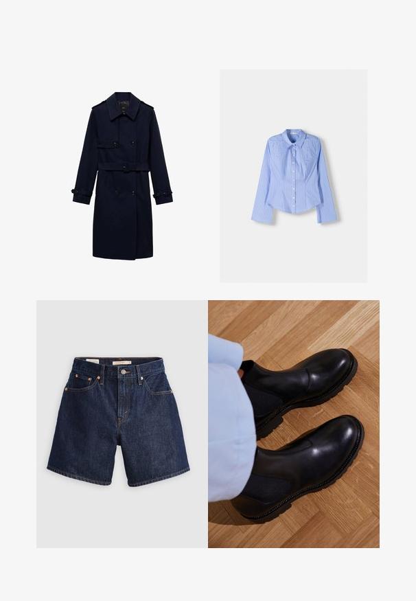 Mornarsko modra plašč z dvojnim zapenjanjem, gumbnimi detajli, nastavljivimi manšetami in pasom za prilegajoč videz.; Modra in bela prugasta srajca z dolgimi rokavi in gumbom, s širšim ovratnikom, prilagojenim krojem in ukrivljenim robom. Teksturni bombažni material.; Denim kratke hlače temno modre barve, s petimi žepi, gumbom za zapiranje in vidnimi šivi v kontrastni oranžni barvi.; Črne gležnjarje iz gladke usnje z elastčnimi stranskimi paneli, teksturo gumijastim podplatom in kontrastnim šivanjem ob robu.
