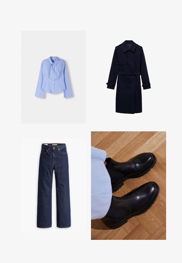 Mornarsko modra plašč z dvojnim zapenjanjem, gumbnimi detajli, nastavljivimi manšetami in pasom za prilegajoč videz.; Modra in bela prugasta srajca z dolgimi rokavi in gumbom, s širšim ovratnikom, prilagojenim krojem in ukrivljenim robom. Teksturni bombažni material.; Temno modri kavbojasti jeans ravnega kroja s petimi žepi, oranžnim šivanjem in zapiranjem na gumb.; Črne gležnjarje iz gladke usnje z elastčnimi stranskimi paneli, teksturo gumijastim podplatom in kontrastnim šivanjem ob robu.