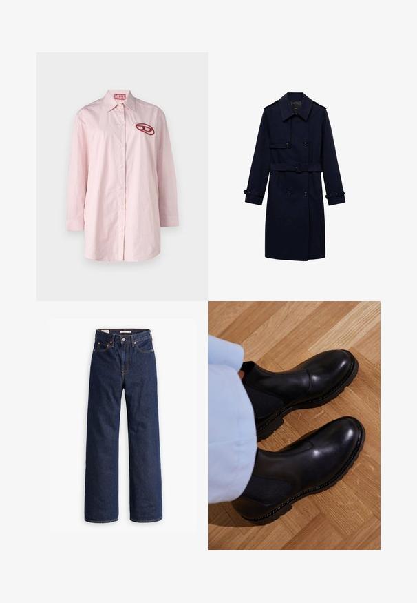 Mornarsko modra plašč z dvojnim zapenjanjem, gumbnimi detajli, nastavljivimi manšetami in pasom za prilegajoč videz.; Roza in bela črtasta srajca z dolgimi rokavi, okroglo ovratnikom, sprednjim gumbom za zapiranje in rdečim vezenim logotipom na levem prsnem delu.; Temno modri kavbojasti jeans ravnega kroja s petimi žepi, oranžnim šivanjem in zapiranjem na gumb.; Črne gležnjarje iz gladke usnje z elastčnimi stranskimi paneli, teksturo gumijastim podplatom in kontrastnim šivanjem ob robu.