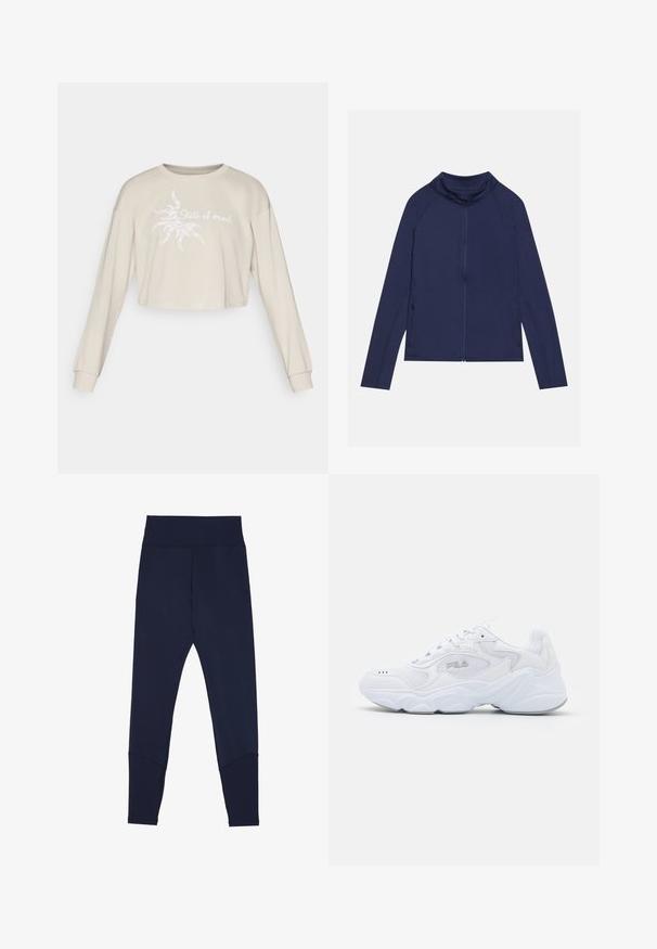 Marine langermet sportsjakke med høy krage, hel glidelås og sidelommer med glidelås; laget av glatt, elastisk stoff med minimale sømmer.; Beige, kort sweatshirt med lange ermer, med et hvitt grafisk motiv av en sol og teksten "State of mind" trykket foran.; Navy blå leggings laget av elastisk stoff, med en bred elastisk midjebånd, kontrastsøm, og innsnevret passform ved anklene.; Hvite joggesko med et strukturert mesh-overdel, polstret krage og tykk såle. Har en logo på siden og snøring.