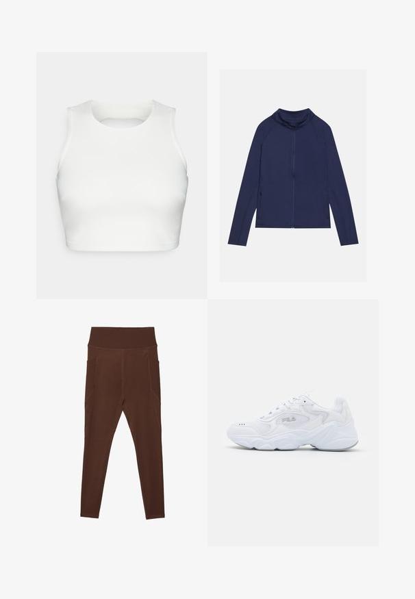 Marine langermet sportsjakke med høy krage, hel glidelås og sidelommer med glidelås; laget av glatt, elastisk stoff med minimale sømmer.; Hvit ermeløs crop topp laget av glatt stoff, med rund halsutskjæring og en åpen ryggdesign, med pent søm langs kantene.; Brune leggings laget av elastisk materiale med ribbet høy midje og sidelommer. Har flatlock-sømmer for ekstra holdbarhet.; Hvite joggesko med et strukturert mesh-overdel, polstret krage og tykk såle. Har en logo på siden og snøring.
