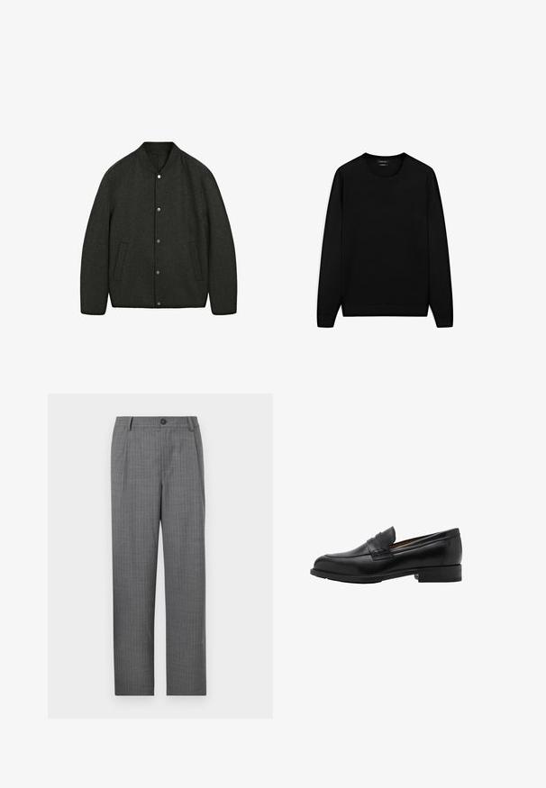 Mørkegrå uldjakke med rund halsudskæring, trykknaplukning og to sidelommer. Glat tekstur og let polstret design.; Sort langærmet sweater med rund halsudskæring. Lavet af blødt stof, med en klassisk pasform og ribstrikkede manchetter og kant. Ingen mønstre eller detaljer.; Grå skræddersyede bukser med et diskret stribet mønster, en frontknaplukning og lige ben. Ingen synlige lommer.; Sorte læder loafers med en syet front og flad hæl. Glat tekstur med en afrundet tå og en dekorativ rem hen over vristen.