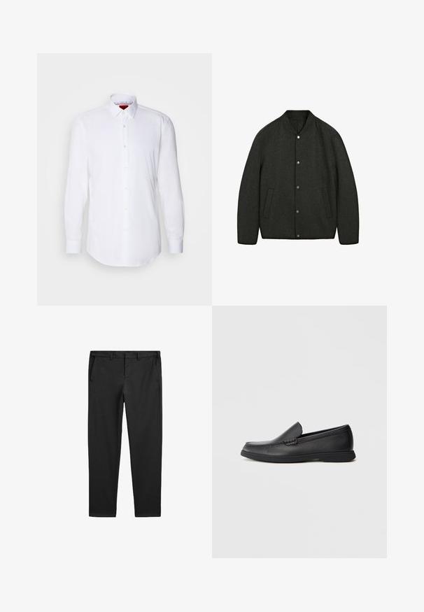 Tmavošedý vlněný kabát s kulatým výstřihem, zapínáním na patentky a dvěma bočními kapsami. Hladká textura a mírně polstrovaný design.; Bílá košile s dlouhými rukávy vyrobená z hladkého materiálu, má klasický límeček, zapínání na knoflíky s malými kulatými knoflíky a manžetami na knoflíky.; Černé kalhoty vyrobené z hladké tkaniny, s upraveným střihem, bočními kapsami a čistým, rovný legovým designem. Žádné viditelné vzory ani akcenty.; Černé kožené slip-on mokasíny s texturovaným svrškem, zaoblenou špičkou, nízkým podpatkem a gumovou podrážkou, zobrazené v bočním profilu na bílém pozadí.