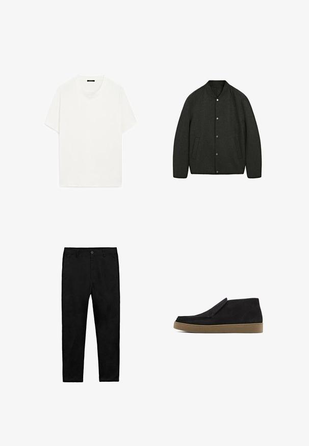 Dark grey wool jacket with a rounded neckline, snap button closure, and two side pockets. Smooth texture and slightly padded design.; White short-sleeve t-shirt, crew neckline, soft texture, straight cut, minimal design, no visible patterns or accents.; Black straight-leg pants with button closure, belt loops, and side pockets, laid flat on a white background.; Black suede shoe with a slip-on design, rounded toe, and a tan rubber outsole. Features subtle stitching and a textured upper surface.