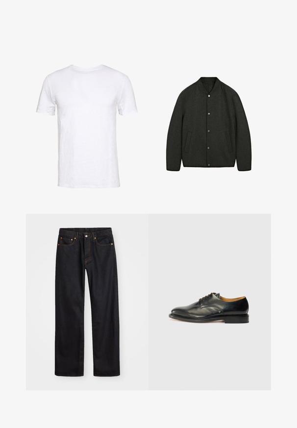 Giacca in lana grigio scuro con collo rotondo, chiusura a bottoni a pressione e due tasche laterali. Tessuto liscio e design leggermente imbottito.; T-shirt bianca a maniche corte realizzata in cotone morbido con colletto tondo, design semplice e taglio dritto, adatta per un look casual.; Jeans neri in denim dritto da uomo con cinque tasche e cuciture arancioni, chiusura con bottone e zip sulla vita anteriore.; Scarpa da uomo in pelle nera con finitura liscia, punta rotonda e lacci minimi. Presenta un design sobrio e una suola in gomma bassa e robusta.