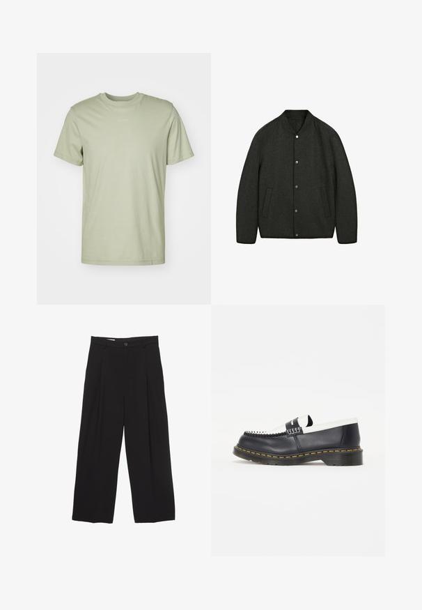 Mørkegrå uldjakke med rund halsudskæring, trykknaplukning og to sidelommer. Glat tekstur og let polstret design.; Lysegrøn bomulds-T-shirt med rund halsudskæring, korte ærmer og et diskret brandlogo trykt i midten af brystet.; Sorte bukser med bred benvidde lavet af glat stof, med flad talje, frontfolder og en enkelt knaplukning.; Sorte læder slip-on sko med en hvid læderdetalje. Har dekorativ syning og en gummisål med gul kant. Rund tå design.