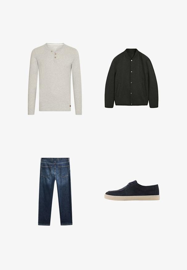 Giacca in lana grigio scuro con collo rotondo, chiusura a bottoni a pressione e due tasche laterali. Tessuto liscio e design leggermente imbottito.; Maglietta grigia chiara a maniche lunghe realizzata in tessuto morbido, con scollatura rotonda, tre bottoni in legno e un piccolo patch logo marrone sull'orlo.; Jeans in denim blu scuro con taglio dritto, cinque tasche e cuciture a contrasto. Presenta una cintura e un orlo puliti.; Scarpa in suede blu navy con punta rotonda, due fori per i lacci e suola in gomma crema. Texture liscia e design minimalista.