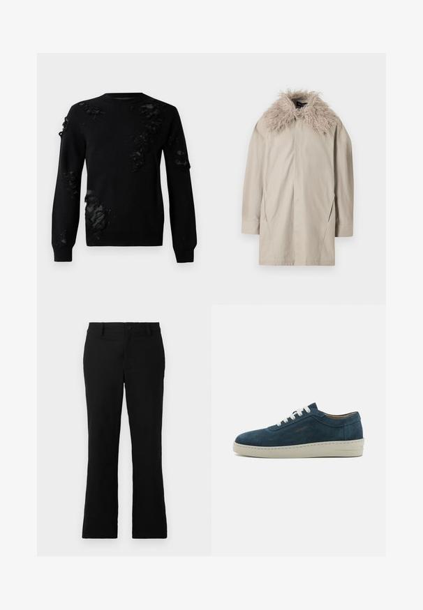 Smilšu krāsas garām piedurknēm mētelis ar lielu pūkainu kažoku apkakli, pogu aizdare pie kakla un smalkas šuvju detaļas priekšpusē un piedurknēs.; Melna džemperis ar garām piedurknēm, kas ietver nolietotu audumu akcentus un teksturētas plāksterus. Apaļš kakla izgriezums un mīksts adījums.; Melni plati bikses, izgatavotas no kokvilnas sajaukuma auduma, ar pogu aizdari, jostas cilpām un gludu tekstūru, bez redzamām rakstām.; Zilas zamšādas apavi ar noapaļotu purngalu, baltiem šņorēm un gumijas zoli. Iekļauj diskrētu šuvumu un zīmola akcentu sānos.