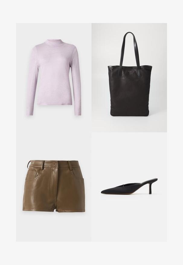 Beige Kunstfellmantel mit entspannter Silhouette, breiten Revers und langen Ärmeln. Die Oberfläche hat eine weiche, plüschige Textur und ein modernes, minimales Design.; Hellblau-lila Langarm-Turtleneck-Oberteil aus weichem, strukturiertem Stoff; figurbetontes Design mit hohem, eng anliegendem Kragen.; Braune Kunstleder-Shorts mit tailliertem Schnitt, Bund mit Gürtelschlaufen, frontale Taschen und sichtbaren Steppnähten.; Schwarze spitz zulaufende Mule mit einem eleganten Design, aus glattem Material gefertigt, verfügt über einen schmalen Absatz und eine offene Ferse für ein einfaches An- und Ausziehen.; Schwarze Stofftote mit schwarzen Ledergriffen. Einfaches Design, geräumiger Körper und glatte Textur. Keine sichtbaren Logos oder Muster.