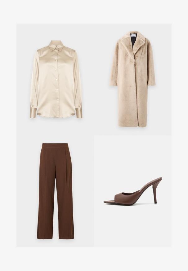 Beige faux fur coat with a relaxed silhouette, wide lapels, and long sleeves. Surface has a soft, plush texture and a modern, minimal design.; Beige satin shirt with a pointed collar, full-length sleeves, button closure, and cuffs in a slightly glossier finish. No patterns or accents.; Brown wide-leg trousers with a smooth texture, featuring a flat front and pleats. The waistband is elasticized for comfort and fit.; Brown leather open-toe high-heeled mules with a sleek design, featuring a wide front strap and a slender stiletto heel.