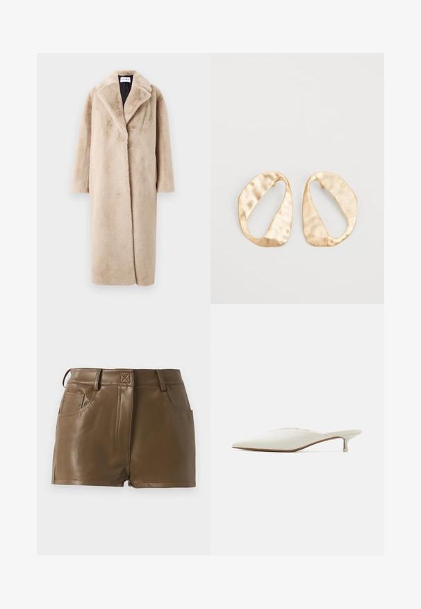 Beež faux fur mantel, millel on lõdva siluett, laiad kraed ja pikad varrukad. Pind on pehme ja luksuslik ning kaasaegse, minimalistliku disainiga.; Pikkade varrukatega valge T-särk, mis on valmistatud ribakujulisest puuvillast, ümmarguse kaeluse ja sirge hemiga. Lihtne disain ilma mustrite või aktsentideta.; Pruun kunstnahast lühikesed püksid, millel on vormiv disain, vöökohaga, millel on vööaugud, ees olevad taskud ja nähtavad õmbluste detailid.; Kumer kintsuga beezhnavärvuses kangast. Omab madalat kontsad ja peent õmblustetaili peal. Sile tekstuur, minimaalne disain.; Eba paar eba ebaorditud ovaalkujulisi kuldehhe kaal setertu, kerge keersuju pinnaga valgel taustal.