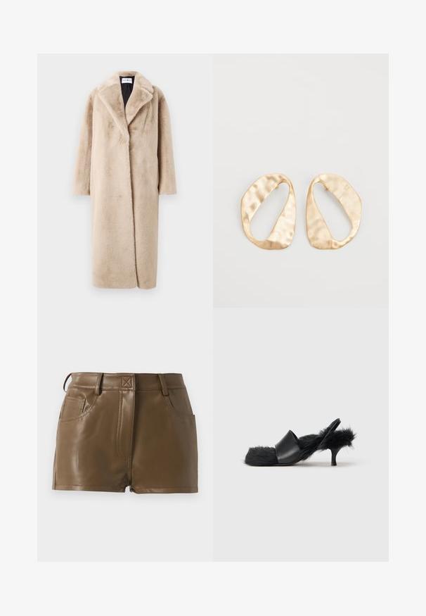 Beež faux fur mantel, millel on lõdva siluett, laiad kraed ja pikad varrukad. Pind on pehme ja luksuslik ning kaasaegse, minimalistliku disainiga.; Pikkade varrukatega valge T-särk, mis on valmistatud ribakujulisest puuvillast, ümmarguse kaeluse ja sirge hemiga. Lihtne disain ilma mustrite või aktsentideta.; Pruun kunstnahast lühikesed püksid, millel on vormiv disain, vöökohaga, millel on vööaugud, ees olevad taskud ja nähtavad õmbluste detailid.; Mustad musta kitten kontsaga sandaal, mille sisetükikate, kontsahari ja varbaosa on kaetud paksu karvaga, ning esikamp on valmistatud siledast nahast.; Eba paar eba ebaorditud ovaalkujulisi kuldehhe kaal setertu, kerge keersuju pinnaga valgel taustal.