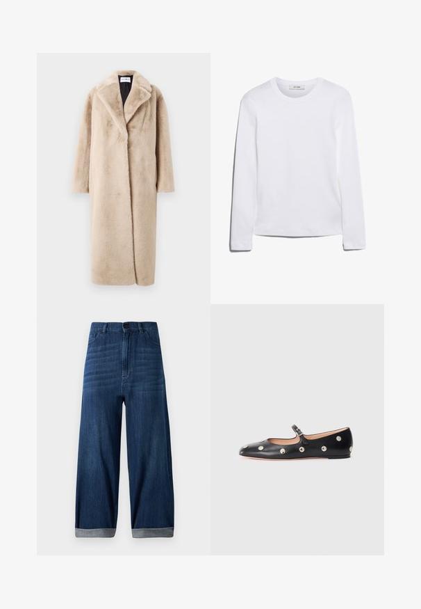 Beige umělý kožich s uvolněným střihom, širokými klopy a dlouhými rukávy. Povrch má měkkou, načechranou texturu a moderní, minimalistický design.; Bílé tričko s dlouhým rukávem vyrobené z žebrované bavlny, s kulatým výstřihem a rovnými lemy. Jednoduchý design bez vzorů nebo akcentů.; Tmavě modré rozšířené džíny s manžetami, předním knoflíkem a kapsami na světlém pozadí.; Černé kožené baleríny typu Mary Jane s kulatou špičkou, zdobené stříbrnými kulatými nýty a nastavovacími popruhy se sponou.