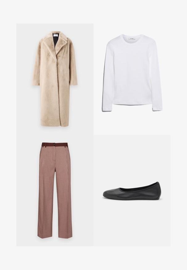 Beige konstpälsjacka med en avslappnad silhuett, breda slag och långa ärmar. Ytan har en mjuk, lyxig textur och en modern, minimalistisk design.; Långärmad vit T-shirt i ribbad bomull, med rund halsringning och rak kant. Enkelt mönster utan mönster eller detaljer.; Breda byxor i ett brun- och krämrandigt mönster, med en solid brun midjeband och två knappar framtill för stängning.; Svart läderballerinaskor med rund tå, slät yta, minimala söm detaljer och en flexibel sula.