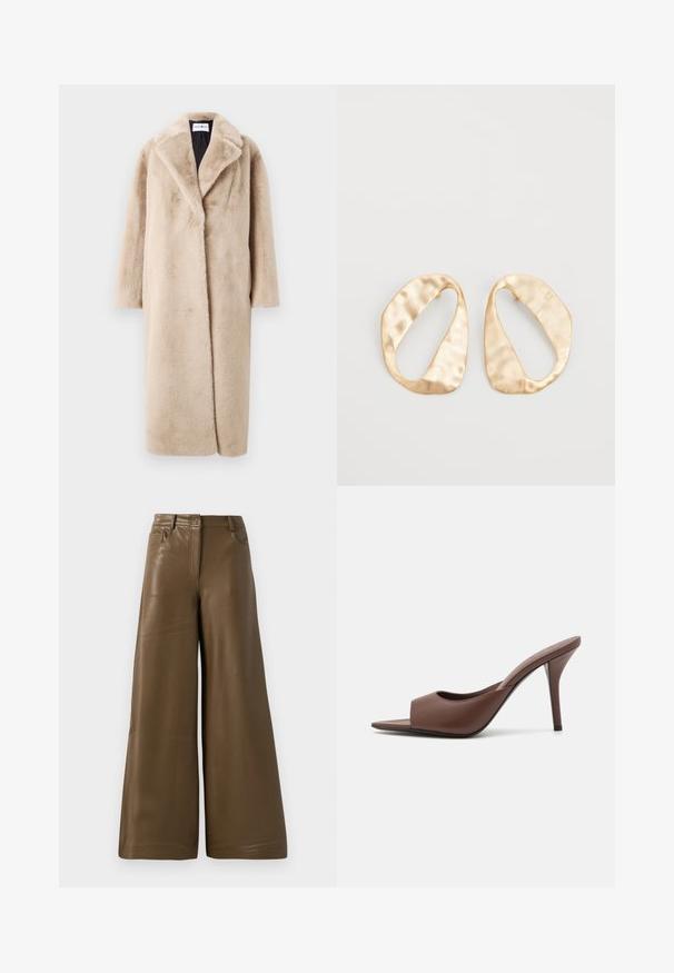 Vaaleanbeige tekokarvatakki, jossa on rento leikkaus, leveät kaulukset ja pitkät hihat. Pinnassa on pehmeä, ylellinen tekstuuri ja moderni, minimalistinen muotoilu.; Pitkähihainen valkoinen T-paita, joka on valmistettu ribbitetystä puuvillasta, ja siinä on pyöreä kaula-aukko sekä suora helma. Yksinkertainen muotoilu ilman kuvioita tai yksityiskohtia.; Löysät housut sileästä, ruskeasta tekonahasta. Ominaisuuksiin kuuluu korkea vyötärö, neljä taskua ja etuvetoketju. Tasainen rakenne ja minimalistinen muotoilu.; Ruskean nahkakengät, joissa on avonainen varvas, korkea kanta ja tyylikäs muotoilu. Kengissä on leveä etuhihna ja hoikka stiletto-korko.; Pari epämuodostuneita soikeita kultasävyisiä metallikorvakoruja, joissa on teksturoitu, hieman hakattu pinta valkoista taustaa vasten.