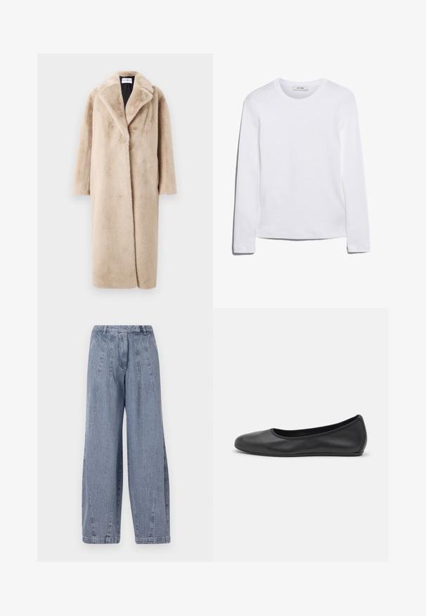 Beige faux fur coat with a relaxed silhouette, wide lapels, and long sleeves. Surface has a soft, plush texture and a modern, minimal design.; Long-sleeve white T-shirt made of ribbed cotton, featuring a round neckline and a straight hem. Simple design with no patterns or accents.; Light blue denim wide-leg trousers with a wrinkled texture, featuring a high waistband and vertical seam detailing along the legs.; Black leather ballet flat with a rounded toe, smooth texture, minimal stitching detail, and a flexible sole design.