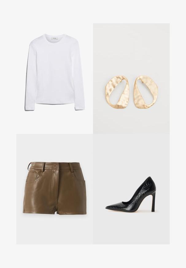 Casaco de pêlo sintético bege com uma silhueta descontraída, lapelas largas e mangas longas. A superfície tem uma textura suave e peluda e um design moderno e minimalista.; Camisola de manga longa branca feita de algodão canelado, com um decote redondo e uma bainha reta. Design simples, sem padrões ou detalhes.; Calções de pele sintética castanha com um design justo, cintura com passantes para cinto, bolsos frontais e detalhes de costura visíveis.; Sapato de salto alto de bico fino preto com textura de pele de crocodilo, apresentando um design elegante, salto agulha alto e interior preto suave.; Par de brincos irregulares em forma oval, feitos de metal dourado, com uma superfície texturizada e ligeiramente martelada, sobre um fundo branco.