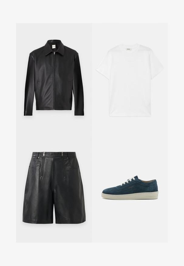 Chaqueta de cuero negra con textura suave, cuello con botones a presión, cremallera frontal y dos bolsillos laterales. Diseño minimalista con una silueta moderna.; Camiseta de algodón blanca con cuello redondo, mangas cortas y un logotipo sutil impreso en el frente. Textura suave y diseño simple.; Pantalones cortos de cuero sintético negro con dos bolsillos delanteros verticales con cremallera y presillas para cinturón, exhibidos sobre un fondo blanco.; Zapatillas de ante azul con puntera redondeada, cordones blancos y suela de goma. Presenta costuras sutiles y un acento de marca en el costado.