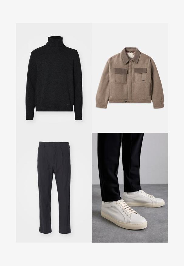 Taupe vuna jakna snubnim ovratnikom i preklopnim džepovima, zatvaranje na gumbe sprijeda, duži rukavi i dva prsna džepa s preklopima.; Crna turtleneck dukserica napravljena od mekanog plišastog materijala, s rebrastim izrezom, manžetama i rubom, glatke teksture bez vidljivih uzoraka.; Crne plisirane hlače od teksturirane tkanine, s ravnim krojem nogavica i standardnim pojasom. Nema vidljivih džepova ili metalnih dijelova.; Svijetlosmeđi kožni tenisice s ravnim vezicama, teksturiranom površinom i kontrastnom kremasto bijelom gumom potplatom, uparene s crnim suženim hlačama.
