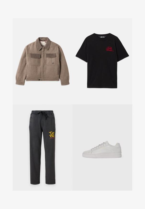 Taupe wollen jas met suede kraag en zakflappen, knoopsluiting aan de voorkant, lange mouwen en twee borstzakken met flapdeksels.; Zwarte katoenen t-shirt met korte mouwen en een ronde hals. Het heeft een rode geborduurde "Just Cavalli" logo op de voorkant links.; Donkergrijze sweatpants met een elastische tailleband en trekkoord. Beschikt over zijzakken en een multikleurige grafiek op de linker dij.; Lichtgrijze leren sneaker met een gladde textuur, ronde neus, platte rubberen zool en ton-sur-ton veters. Bevat minimale branding in goud.