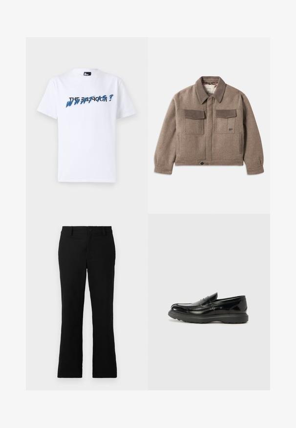 Taupe wollen jas met suede kraag en zakflappen, knoopsluiting aan de voorkant, lange mouwen en twee borstzakken met flapdeksels.; Witte katoenen t-shirt met korte mouwen; heeft grafische tekst in blauw en zwart met de tekst "THE WHAT IS?" over de borst. Zachte textuur.; Zwarte uitlopende broek van een katoenmix, voorzien van een knoopsluiting, riemlussen en een gladde textuur zonder zichtbare patronen.; Zwarte leren instapper met een glanzende afwerking, een ronde neus, subtiele stiksels en een dikke rubberen zool voor duurzaamheid.