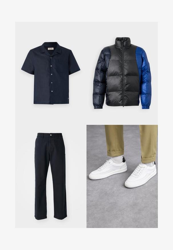 Polstret jakke med høj krave, en blanding af sorte og blå materialer, lynlåslukning og elastiske manchetter med en quiltet tekstur.; Kortærmet skjorte i mørkeblå stof, med krave, seks knaplukninger, en brystlomme og et lille logo-detalje nederst.; Marineblå bomuldsbukser i lige ben-design, med en frontlukning med knap og to sidelommer. Glat tekstur, ingen synlige mønstre.; Hvide sneakers med en tekstureret læderfinish, rund tå og sort hælaccent. Gummisål med lille mønster og syede detaljer.