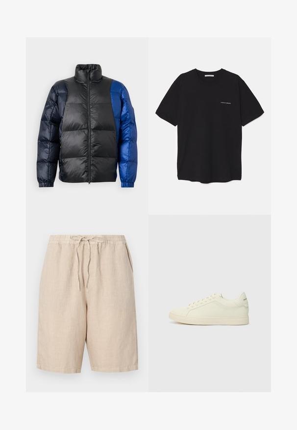 Padded jacket featuring a high collar, a mix of black and blue materials, zip closure, and elastic cuffs with a quilted texture.; Black cotton T-shirt with a crew neck, short sleeves, and a white logo print on the left chest. Simple, solid color design.; Linen shorts in a light beige color with an elastic waistband, adjustable drawstring, and side pockets. Smooth texture with a relaxed fit.; White leather sneakers with a minimalistic design, textured upper, and rounded toe. Features a rubber sole and discreet branding on the heel.