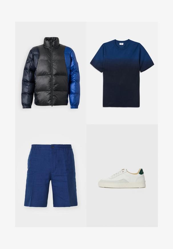 Casaco acolchoado com colarinho alto, uma mistura de materiais pretos e azuis, fecho de zíper e punhos elásticos com textura acolchoada.; T-shirt de algodão azul marinho com decote redondo, mangas curtas e um design de gradiente subtil que vai de tons mais claros para mais escuros.; J.LINDEBERG BARON - Calções - estate blue; Tênis brancos com detalhes em camurça, bico arredondado, atacadores planos e sola de borracha creme. Apresenta uma marcação verde no calcanhar.