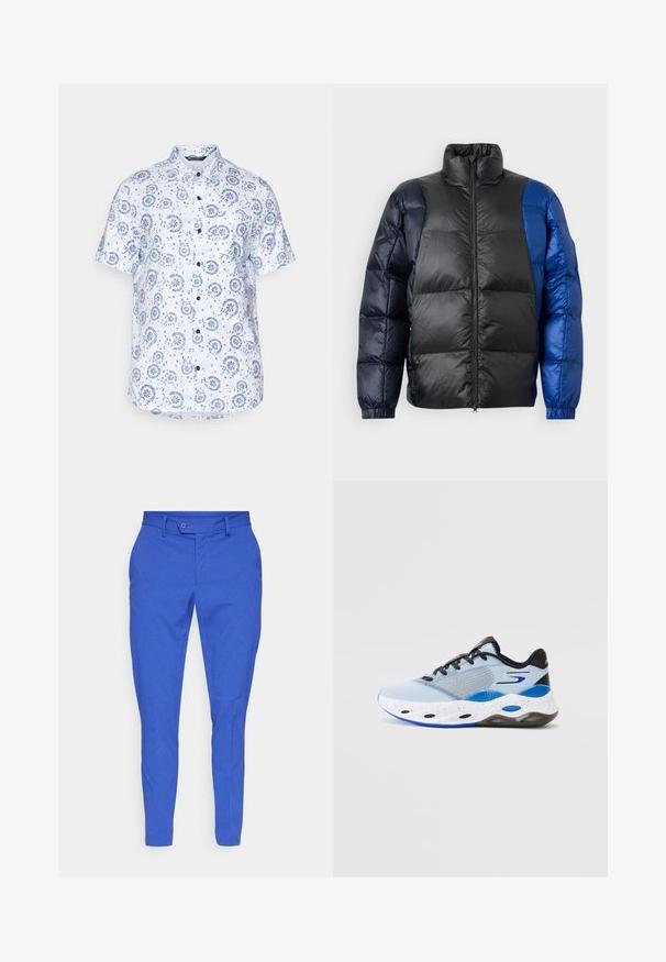 Giacca imbottita con colletto alto, una combinazione di materiali neri e blu, chiusura con zip e polsini elasticizzati con texture trapuntata.; Camicia a maniche corte in tessuto azzurro chiaro con motivo floreale e circolare, con chiusura a bottoni e colletto a punta.; Pantaloni blu slim-fit realizzati in tessuto testurizzato. Presentano una chiusura con bottone, passanti per cintura e caviglie affusolate per un design moderno.; Scarpa sportiva di colore azzurro chiaro con tomaia in rete, dettagli neri e suola bianca maculata. Presenta una forma arrotondata e lacci neri per una vestibilità sicura.