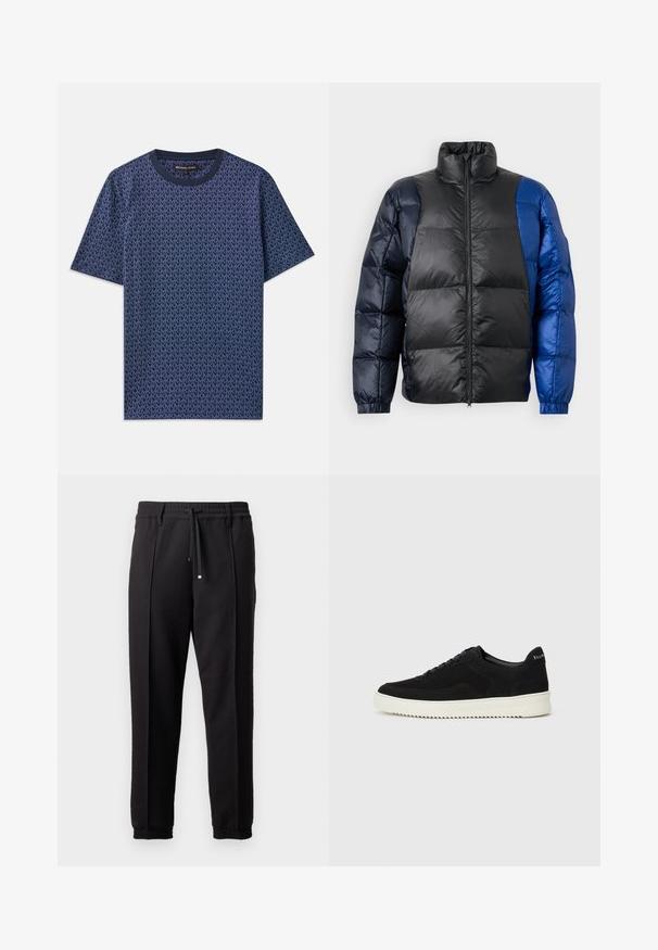 Padded jakna s visokim ovratnikom, kombinacijom crnog i plavog materijala, zatvaranjem na zatvarač i elastičnim manžetama s kviltanom teksturom.; Tamno plava pamučna majica s geometrijskim uzorkom MK loga. Sadrži okrugli izrez i kratke rukave, te teksturiranu tkaninu kroz cijelu površinu.; Crne hlače s pojasom, vezicom i elastičnim rubovima. Imaju nabore i glatku, teksturiranu tkaninu.; Crne nubuk tenisice s vezanjem i kontrastnom bijelom gumenom potplatom. Imaju teksturirane bočne panele i suptilno brendiranje na peti.