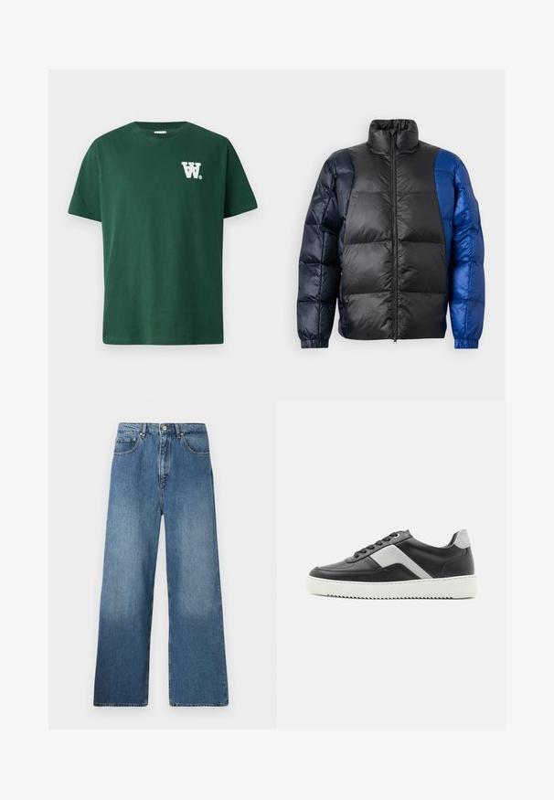 Geacă căptușită cu guler înalt, o combinație de materiale negre și albastre, închidere cu fermoar și manșete elastice cu textură matlasată.; Tricou din bumbac verde, cu guler rotund și mâneci scurte, având un logo alb "W" pe partea stângă a pieptului. Design simplu, fără modele.; Jeans din denim albastru cu picioare largi, având un design clasic cu cinci buzunare, închidere frontală cu nasture și o ușoară decolorare pentru textură.; Sneaker din piele neagră cu accente gri, talpă din cauciuc alb, vârful rotund și șase ochiuri negre pentru șirete. Detaliu texturat pe panoul lateral.