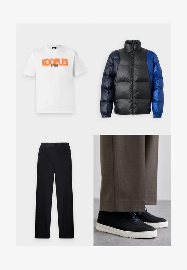 Padded jacket featuring a high collar, a mix of black and blue materials, zip closure, and elastic cuffs with a quilted texture.; White cotton t-shirt featuring blurred orange text "KOOPLES" and clear black text "PARIS" on the front. Short sleeves, crew neck design.; Black trousers featuring a lightweight, textured fabric, straight-leg design, elastic waistband, and side zip pockets.; Black suede sneakers with white rubber soles, featuring a rounded toe and laces, worn with gray tailored pants.