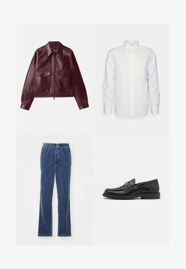 Burgundy leather jacket with a slightly cropped design, large chest pockets, a collar, and a front zipper closure. Smooth texture.; Long-sleeve white shirt made of cotton, featuring a button-down collar, front pocket, and regular fit. Textured fabric with a smooth surface.; ASPESI PANTALONE - Trousers - denim; Black leather loafers with a rounded toe, featuring gold hardware accent and stitching detail, set on a low, textured rubber sole.