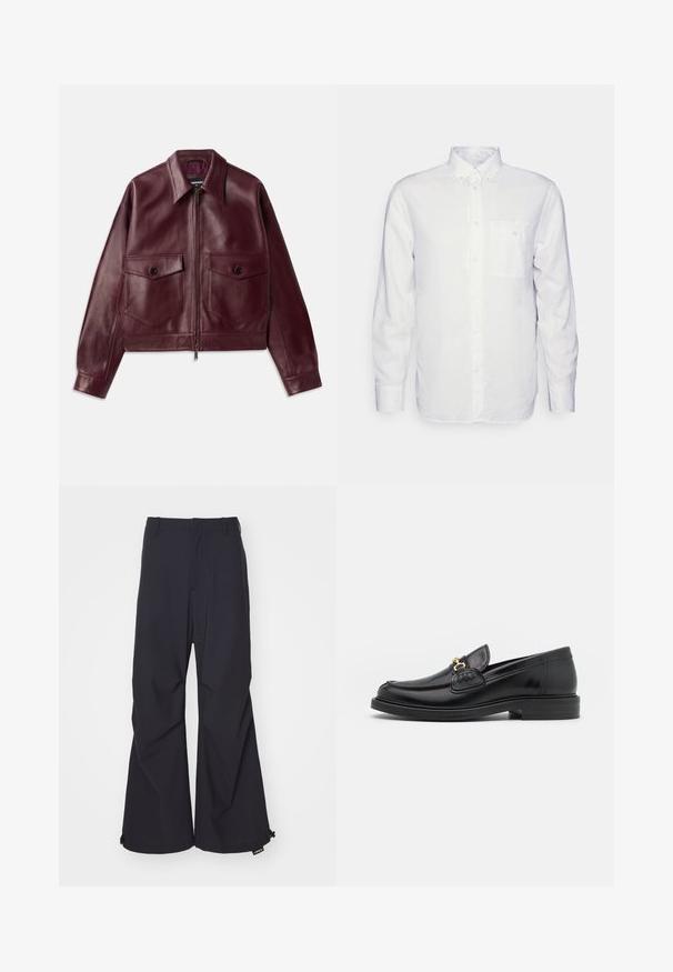 Burgundy leather jacket with a slightly cropped design, large chest pockets, a collar, and a front zipper closure. Smooth texture.; Long-sleeve white shirt made of cotton, featuring a button-down collar, front pocket, and regular fit. Textured fabric with a smooth surface.; Navy blue wide-leg pants featuring a smooth fabric, two front pockets, and drawstring accents at the hem. Clean, tailored design with no embellishments.; Black leather loafers with a rounded toe, featuring gold hardware accent and stitching detail, set on a low, textured rubber sole.