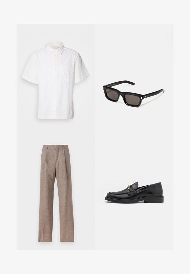 Μπορντό δερμάτινο μπουφάν με ελαφρώς κοντή σχεδίαση, μεγάλες τσέπες στο στήθος, γιακά και μπροστινό φερμουάρ. Λείο υλικό.; Λευκό πουκάμισο κοντομάνικο με υφασμάτινο μοτίβο, κουμπιά μπροστά, γιακά και μία πλευρική τσέπη στο στήθος. Φτιαγμένο από ελαφρύ ύφασμα.; Καφέ παντελόνι με ψηλή μέση από υφαντό ύφασμα. Διαθέτει φαρδιές καβάτζες και δύο μανίκια μπροστά για δομή. Καθαρή φινίρισμα χωρίς ορατό εξοπλισμό.; Μαύρες δερμάτινες loafers με στρογγυλή μύτη, διακοσμημένες με χρυσά αξεσουάρ και λεπτομέρειες ραφής, τοποθετημένες σε χαμηλή, υφασμάτινη ελαστική σόλα.; Μαύρα ορθογώνια γυαλιά ηλίου με σκούρους φακούς, χοντρό πλαστικό σκελετό, χρυσές λεπτομέρειες στους ναούς και λογότυπο μάρκας σκαλισμένο στο βραχίονα.