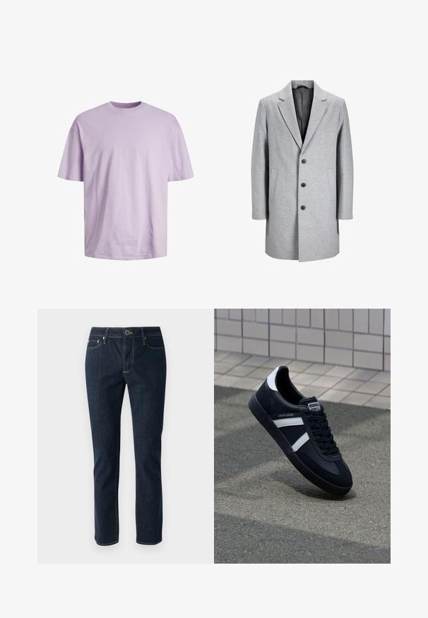 Šviesiai pilkas vilnonis paltas su įpjautu apykakle, trimis juodais mygtukais ir dviem šoninėmis kišenėmis. Pasižymi švaria, prisiūta siluetu.; Jack & Jones JJEBRADLEY O NECK - Paprasti marškinėliai - purple rose; Tamsiai mėlynos džinsinės kelnės su tiesiomis kojomis, su mygtukų uždarymu, penkiomis kišenėmis ir kontrastingomis siūlėmis. Lygus paviršius.; Juodas odinis sportinis batelis su baltais dryžiais, tekstūruota gumine padais ir raišteliais priekyje. Yra prekės ženklą žymintis etiketė ant liežuvio.