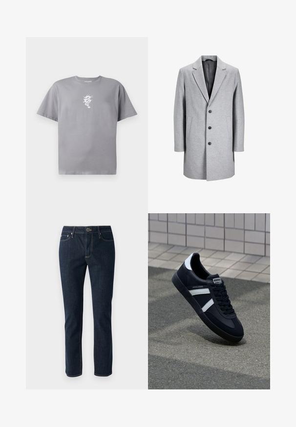 Hellgrauer Wollmantel mit Reverskragen, drei schwarzen Knöpfen und zwei seitlichen Taschen. Besitzt eine klare, maßgeschneiderte Silhouette.; Graues Baumwoll-T-Shirt mit einem weißen Drachenmotiv auf der linken Brust, kurzen Ärmeln und einem lässigen Schnitt mit Rundhalsausschnitt.; Dunkelblaue Denim-Jeans mit geradem Bein, ausgestattet mit einem Knopfverschluss, fünf Taschen und kontrastierenden Nähten. Glatte Textur.; Schwarze Leder-Sneaker mit weißen Streifen, strukturiertem Gummisohle und Schnürung. Verfügt über ein Markenetikett auf der Zunge.