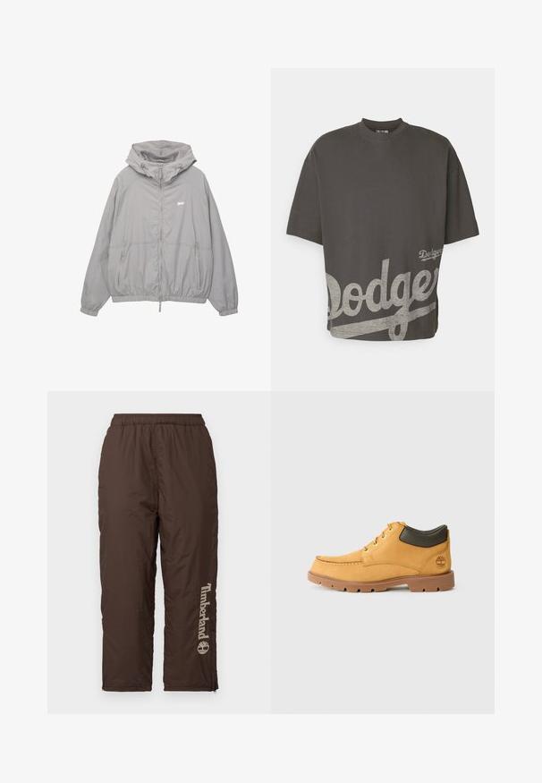 Lichtgrijze windbreakerjas met een capuchon, een rits aan de voorkant en twee zijzakken. Heeft elastische mouwen en een subtiele logo op de borst.; New Era MLB LOS ANGELES DODGERS OVERSIZED T-SHIRT - Sport T-shirt - black; Bruine nylonbroek met een elastische tailleband. Met een verticale Timberland-logo in lichtbeige. Soepele textuur, enkelsluitingen voor aanpassing van de pasvorm.; Geel leren schoen met een bruine rubberen zool, ronde neus en groene leren enkeldetail. Bevat gouden oogjes en stiksels.