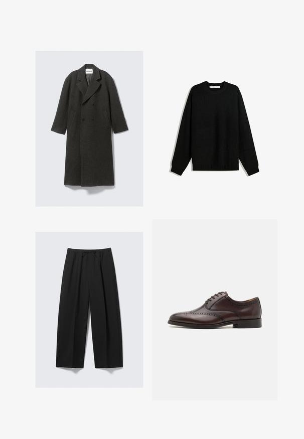 Dark gray wool overcoat with a double-breasted design, notch lapels, and side pockets. Features a textured surface, knee-length cut.; Black knitted sweater with a round neckline, dropped shoulders, and ribbed cuffs and hem. Features a textured fabric for warmth.; Black wide-leg trousers made of lightweight fabric, featuring an elastic waistband with a drawstring and no visible pockets.; ALDO DONALD - Smart lace-ups - dark brown