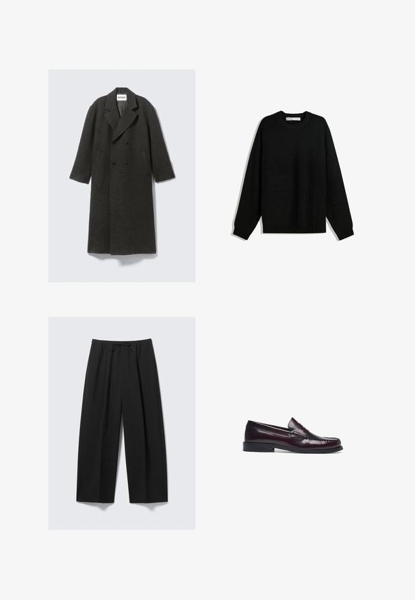 Tumma harmaa villa-overcoat, jossa on kaksirivinen muotoilu, lovet; ja sivutaskut. Ominaisuuksiin kuuluu teksturoitu pinta ja polvenpituisuus.; Musta neulotun villapaita pyöreällä kaula-aukolla, laskeutuvilla hartioilla sekä ribbireunoilla hihansuissa ja helmassa. Tässä on tekstuuri- ja lämpöä tarjoava kangas.; Mustat leveät housut kevyestä kankaasta, joissa on joustava vyötärö nauhalla ja ei näkyviä taskuja.; Burgundy-nahkakengät, joissa on ommeltu varvashaitari, tasainen korko ja sileä pinta. Mukana on klassinen kolikkopussin muotoilu varren osassa.