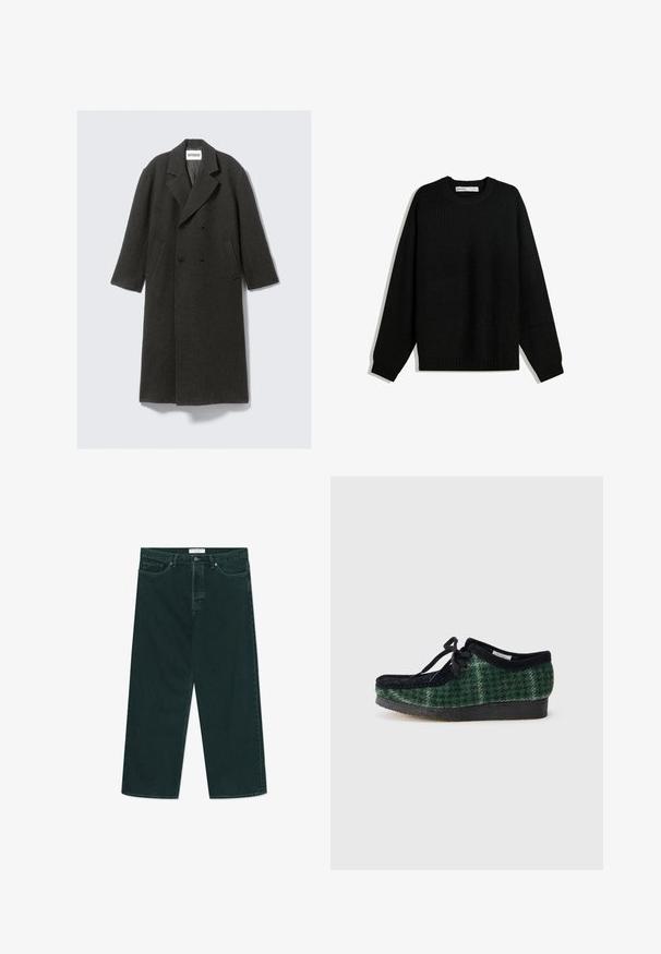 Cappotto in lana grigio scuro con design doppiopetto, rever a punta e tasche laterali. Presenta una superficie texture e una lunghezza fino al ginocchio.; Maglione nero lavorato a maglia con scollatura rotonda, spalle scese e polsini e orlo a costine. Presenta un tessuto testurizzato per il calore.; Jeans in denim verde scuro a gamba larga con chiusura a bottone e zip, tasche anteriori e passanti per cintura, disposti su uno sfondo bianco.; Scarpe verdi e nere con motivo, con una tomaia in suede, presentano una punta arrotondata, lacci e una suola in gomma texturizzata.