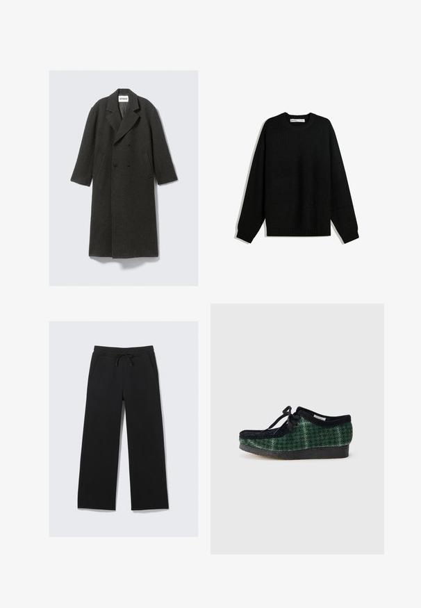 Sötétszürke gyapjú kabát dupla gombolású kialakítással, kihajtott gallérral és oldalsó zsebekkel. Textúrált felszíne van, térd alá érő hosszal.; Fekete kötött pulóver kerek nyakkivágással, ejtett vállakkal, valamint bordázott mandzsettákkal és szegéllyel. A melegség érdekében textúrált anyaggal készült.; Fekete, bő szárú melegítőnadrág, puha anyagból készült. Jellemzője az elasztikus derékpánt, zsinórral és oldalsó zsebekkel. Simaságra jellemző textúra.; Zöld és fekete mintás cipők nubuk felsőrésszel, lekerekített orral, fűzőkkel és textúrázott, gumitalppal.