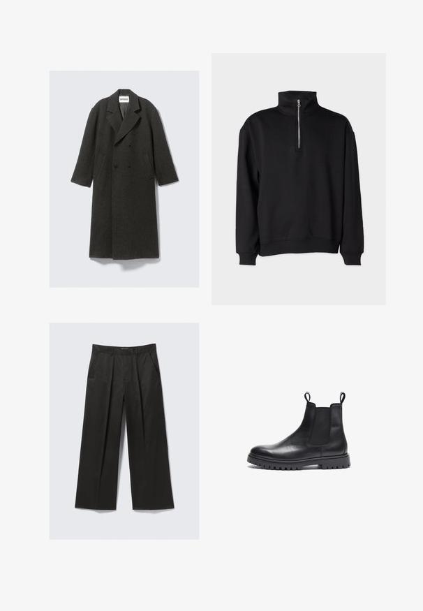 Tumehall villane ülerõngas, millel on topelt-nööpidega disain, lõhiklapid ja küljetaskud. Omab tekstuuri pinda ja on põlvepikkune.; Must mustre svettari, mille on kõrge kaelus, pooltõmbe sulg aja, pikad varrukad ning ribakäärsed ja -äär. Pehme kangast struktuur.; Mustad laiade jalgadega püksid sujuva tekstuuriga, millel on kaks eesmist taskut ja veidi tõstetud vöökoht.; Mustat nahast Chelsea saapad tekstuuriga viimistlusega, elastic külgpanelitega ja tõmbeavad. Omab paksu kummist tallaga, millel on mustri joon.