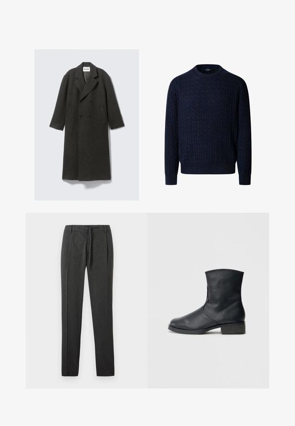 Tamno sivi vuni kaput s dvostrukim kopčanjem, reverima s izrezom i bočnim džepovima. Karakterizira ga teksturirana površina i dužina do koljena.; Džemper tamnoplave boje s kabelskim uzorkom, okruglim izrezom i dugim rukavima, izrađen od mekanog materijala s rebrastim manšetama i rubom.; Tamno sivi hlače od teksturirane tkanine, ravnog kroja, s prednjim nabranim dijelovima i strukom s vezicom. Nema vidljivih džepova ili detalja.; Crna kožna gležnjača glatke površine, uskog oblika, zaobljenog vrha i kratke blok pete. Opremljena je bočnim patentnim zatvaračem.