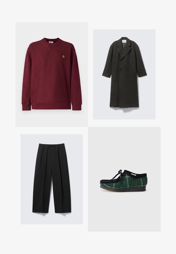 Tumši pelēks vilnas mētelis ar dubultas krūšu dizainu, ar apaļām lapiņām un sānu kabatām. Tam ir teksturēta virsma un ceļa garuma griezums.; Carhartt WIP AMERICAN SCRIPT - Ikdienas džemperis - malbec; Melni platajām kājām bikses, izgatavotas no viegla auduma, ar elastīgu jostu un saiti, bez redzamām kabatām.; Zaļas un melnas rakstainas kurpes ar zamša augšdaļu, apaļiem pirkstiem, auklām un strukturētu gumijas zoli.