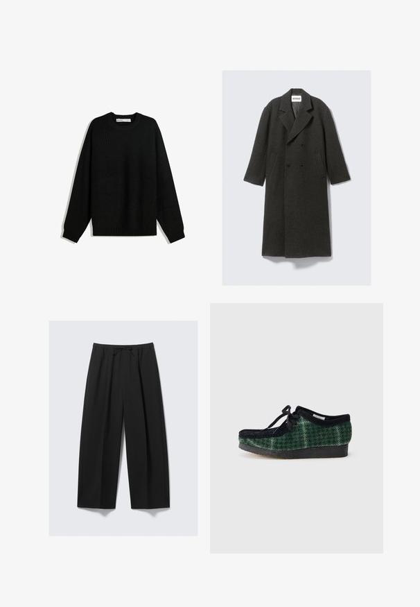 Dunkelgrauer Wollmantel mit doppelter Knopfleiste, Reverskragen und seitlichen Taschen. Verfügt über eine strukturierte Oberfläche und ist knielang.; Schwarzer, gestrickter Pullover mit rundem Ausschnitt, überschnittenen Schultern und gerippten Bündchen und Saum. Besitzt einen strukturierten Stoff für zusätzliche Wärme.; Schwarze weit geschnittene Hose aus leichtem Stoff, mit einem elastischen Bund und Kordelzug sowie ohne sichtbare Taschen.; Grüne und schwarze gemusterte Schuhe mit einem Obermaterial aus Wildleder, runder Zehenform, Schnürsenkeln und einer strukturierten Gummisohle.
