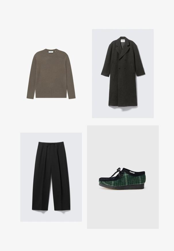 Temno siva volnena plašč s dvojno zapenjanjem, zareznimi ovratniki in stranskimi žepi. Ima strukturirano površino in seže do kolen.; Rebrasta pletena jopica v zemeljsko rjavi barvi, z okroglim izrezom in dolgimi rokavi, z teksturirano končno obdelavo in diskretno oznako blagovne znamke.; Črne široke hlače iz lahkotnega materiala, s elastičnim pasom in vrvico ter brez vidnih žepov.; Zelene in črne čevlje s svojim vzorcem, z zgornjim delom iz semiša, zaobljenim prstom, vezalkami in teksturiranim gumijastim podplatom.