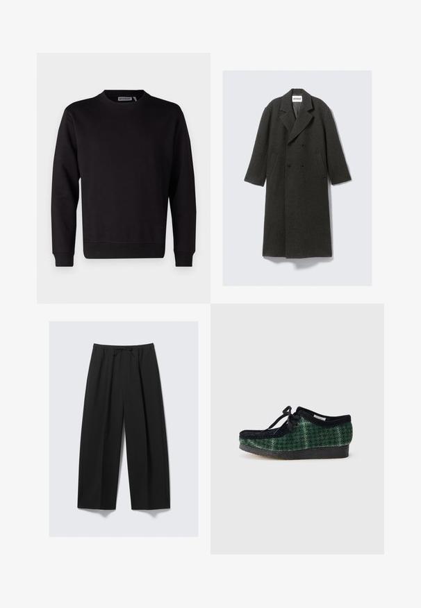 Cappotto in lana grigio scuro con design doppiopetto, rever a punta e tasche laterali. Presenta una superficie texture e una lunghezza fino al ginocchio.; Felpa nera realizzata in un morbido misto cotone, con collo tondo, maniche lunghe e polsini e orlo a costine. Nessun motivo o accento visibile.; Pantaloni neri a gamba larga realizzati in tessuto leggero, con vita elastica regolabile e senza tasche visibili.; Scarpe verdi e nere con motivo, con una tomaia in suede, presentano una punta arrotondata, lacci e una suola in gomma texturizzata.